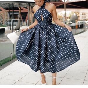 Zimmermann Navy Polka Dot Halter Midi Dress